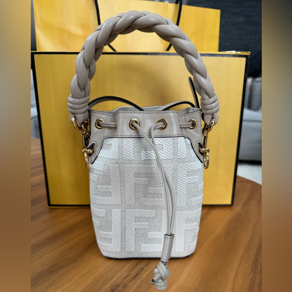 Fendi White & Taupe Mini Bucket Bag with Braided Handle